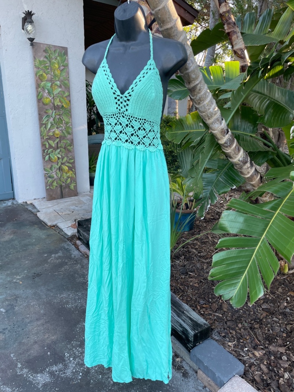 mint green, crochet, bohemian halter maxi dress